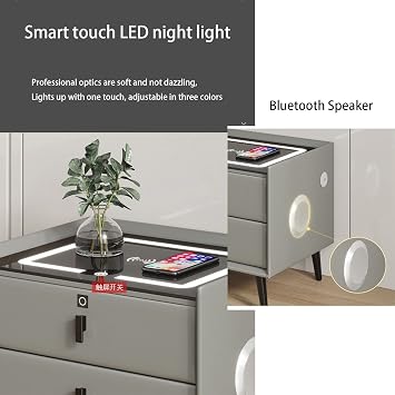 Smart bedside table, LED bedside table, decorative bedside table with wireless charging station, with 3 drawers and USB port, 3 colors adjustable bedside lamp strip(Grey)
