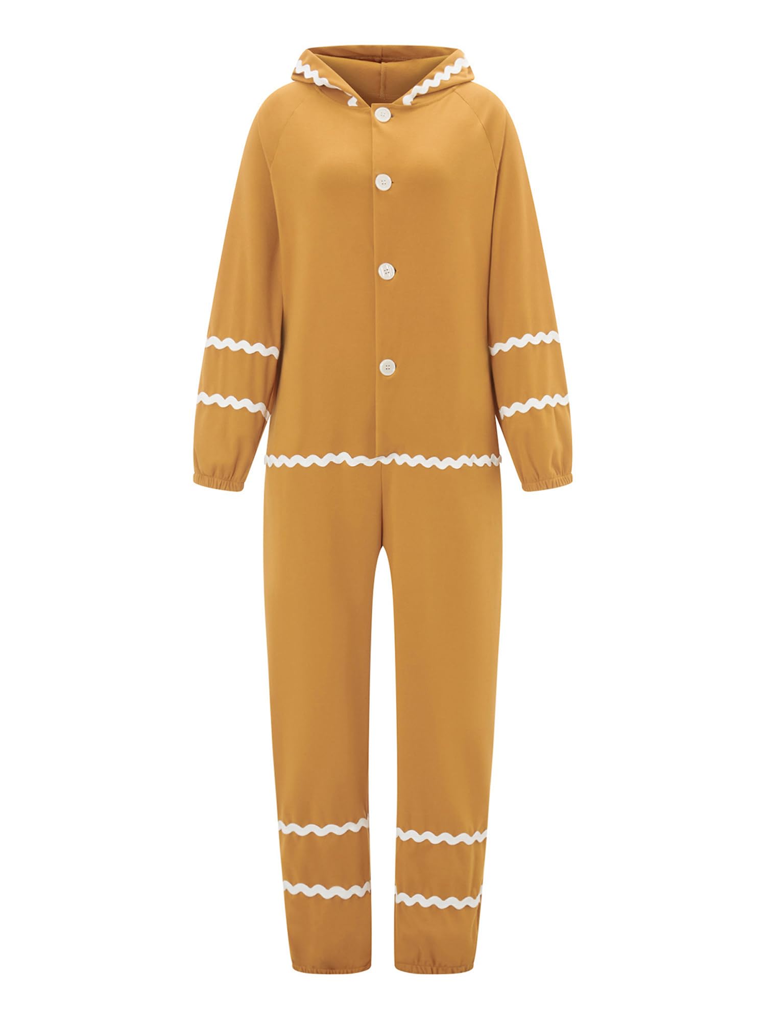 Anuedgis Christmas Gingerbread Man Costume Adult Funny Long Sleeve Hooded One Piece Jumpsuit for Xmas Cosplay Theme Party (C-Yellow Women, XL)