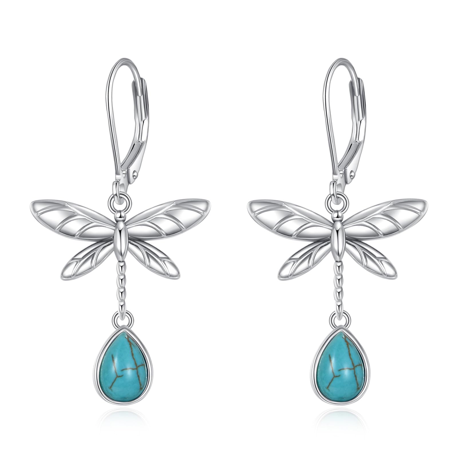 Boucles d'oreilles libellule en argent 925 et turquoise véritable ciselée - 8