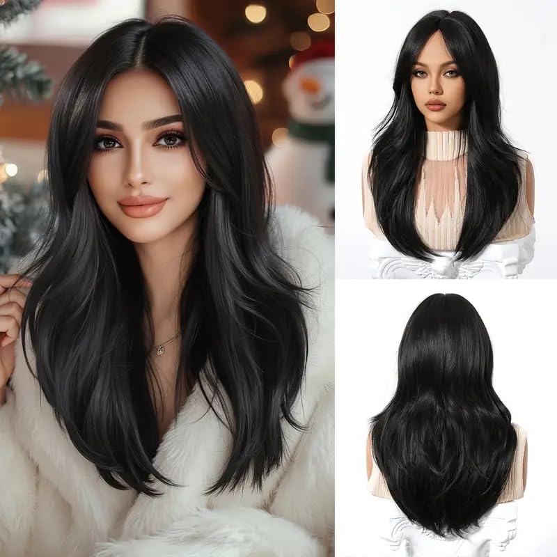 ASSU Black Wavy Straight Wig for Women | Synthetic Fiber Wig, 150% Density | with Bangs & Rose Net | Perfect for Everyday, Christmas, & Special Occasions-image-21