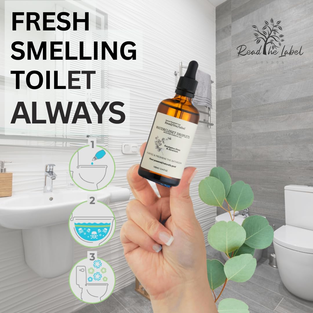 Read The Label – Eucalyptus Dives & Géranium Water Closet Gouttelettes – aux huiles essentielles 100 % pures – Géranium, Eucalyptus, Basilic et Patchouli – Purifie et rafraîchit la salle de bain – 100