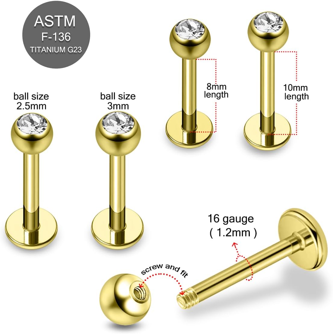 Gold Anodized G23 Grade Titanium 2.5mm, 3mm Crystal Stone Ball Top with 16 Gauge - 8mm, 10mm Lip Labret - Tragus Bar Piercing - Helix, Cartilage Labret Stud - Lips Piercing Jewelry