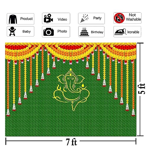 Indian Carnival Photography Backdrop 7x5ft Green Chatiya Ganesh Background Mehndi Diwali Festival Marigold Puja Ganpati Wedding Photo Tapestry Booth Props Supplies - Image 6