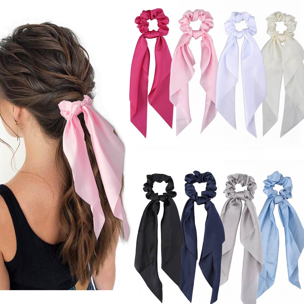 Jewemia Hair Scarf Scrunchies for Women Satin Hair Ties Long Ribbon Ponytail Holders Bow Elastic Ties Beach Party Accessories for Women and Girls 8