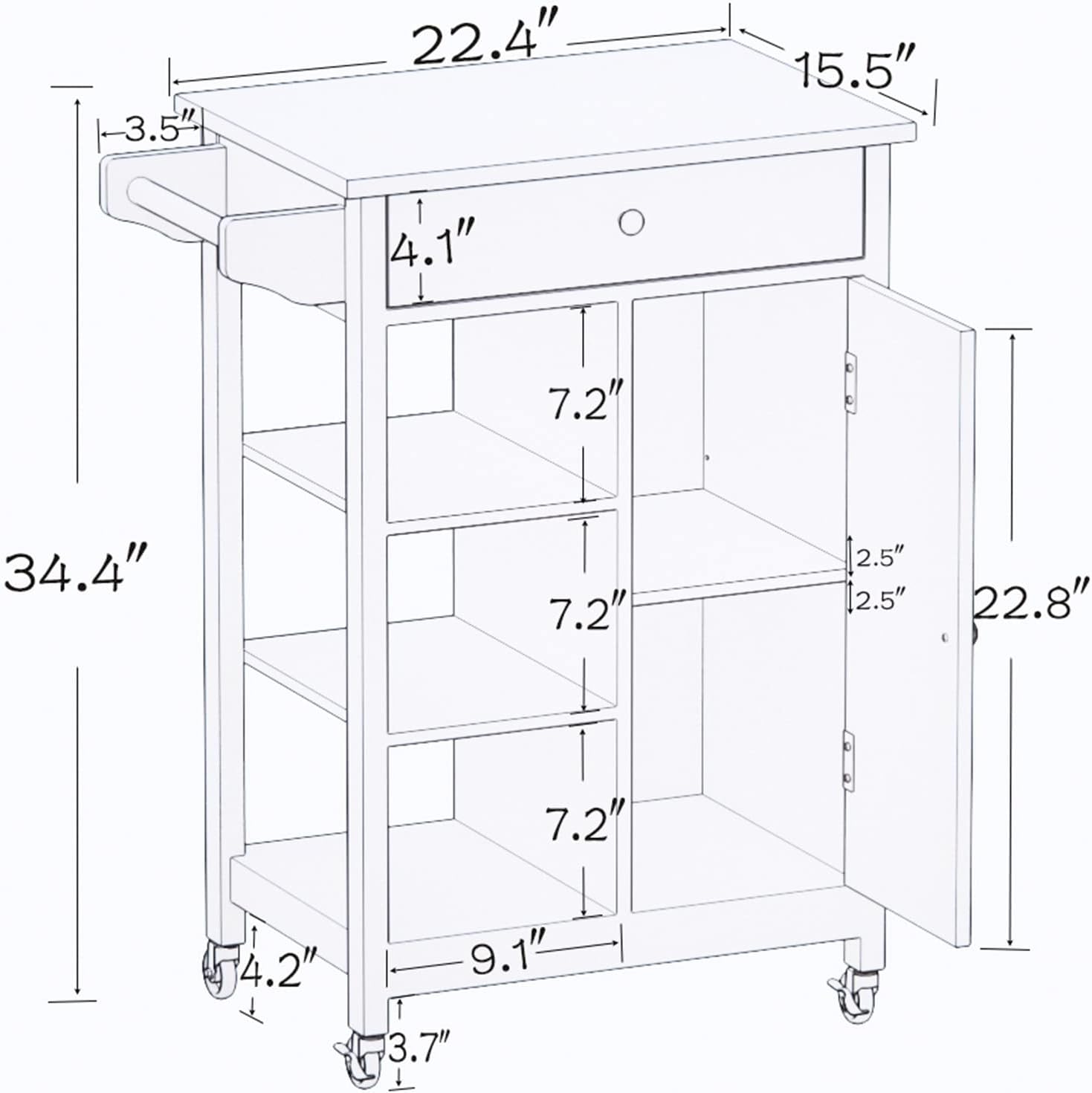 Small Kitchen Island on Wheel with Storage and Rubberwood Countertop, Rolling Kitchen Island Cart with Drawer, Storage Cabinet and 3 Open Shelves, Rolling Trolley Cart with Towel Rack for Kitchen