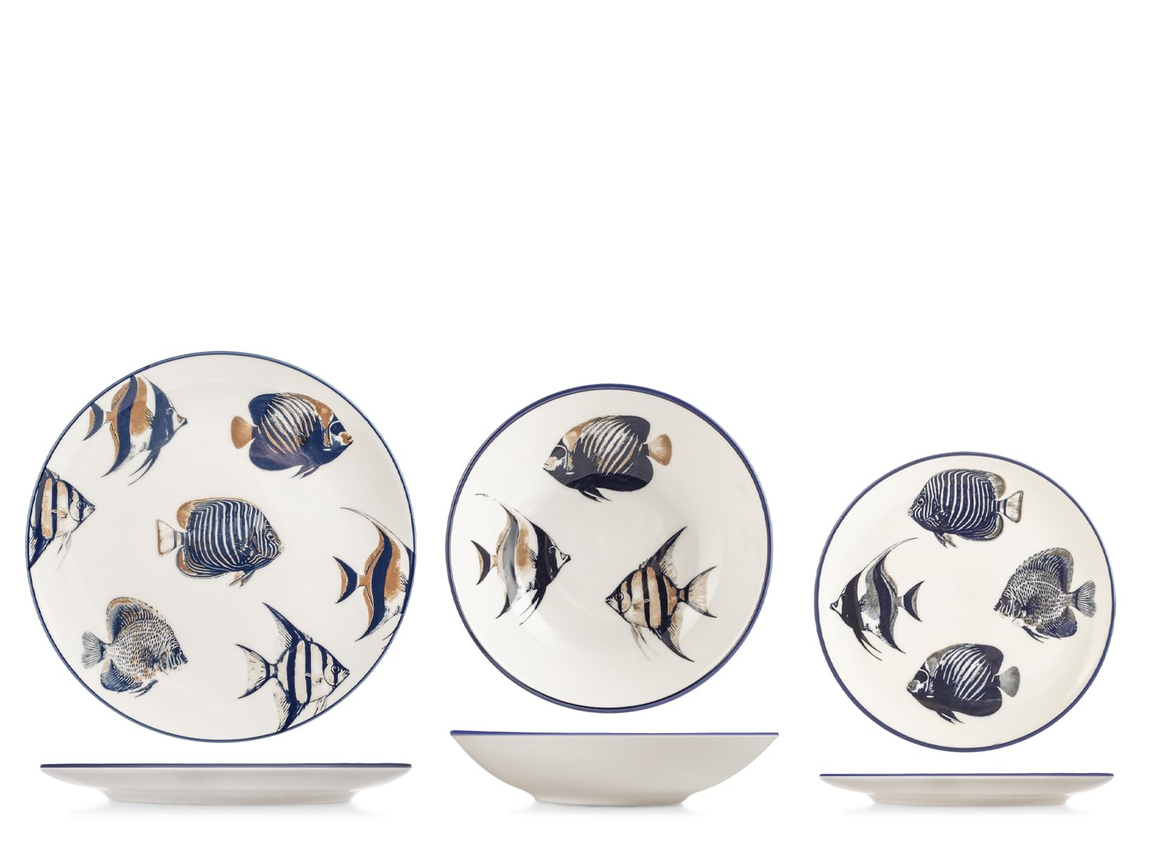 H&H Harbor Service de table 18 pièces en grès décoré, service de table complet pour 6 personnes, design marin avec décor poisson, assiettes plates Ø 26 cm, assiettes creuses Ø 25,5 cm et assiettes à