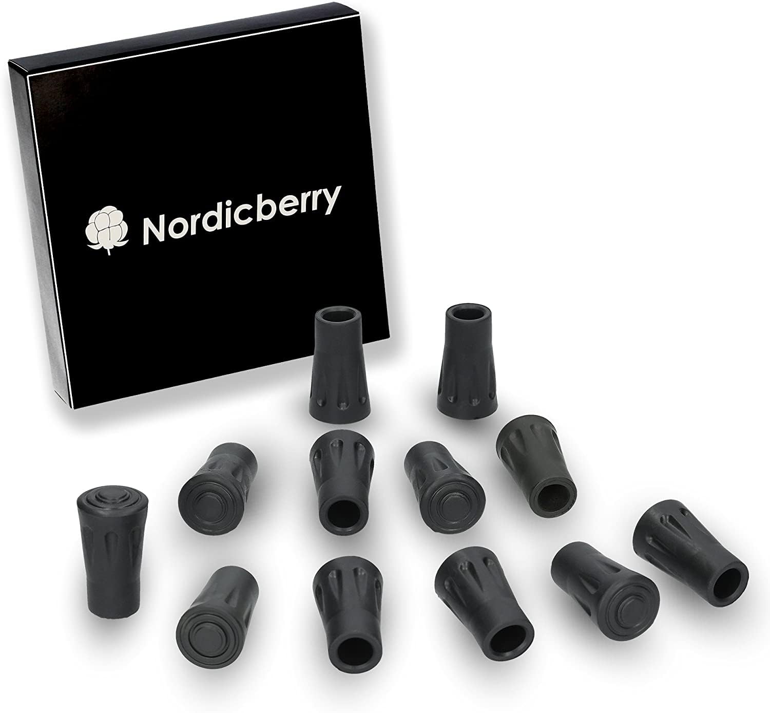 NORDICBERRY Nordic Walking Pads para asfalto, piedra o terreno – Negro – 6 pares de topes de goma – Apto para todo tipo de bastones de marcha nórdica
