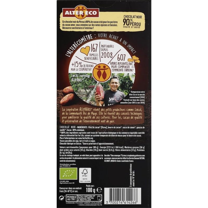 ALTER ECO - Chocolat Noir 90% Bio - Intense et Authentique - 100g - Produit de qualité - Respectueux de l'environnement. - Lot De 4 - Vendu Par Lot