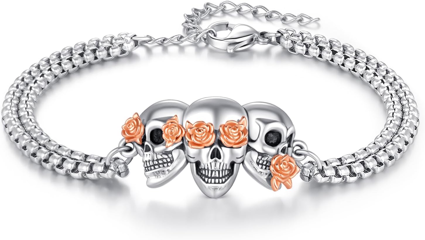 CUOKA MIRACLE Skull Bracelcet Men 925 Sterling Silver Gothic Bracelet for Men Women Three Wise Men Skull Gothic Skull Jewelry Rose Skull Bracelet Box Chain 7+2 Inches Adjustable