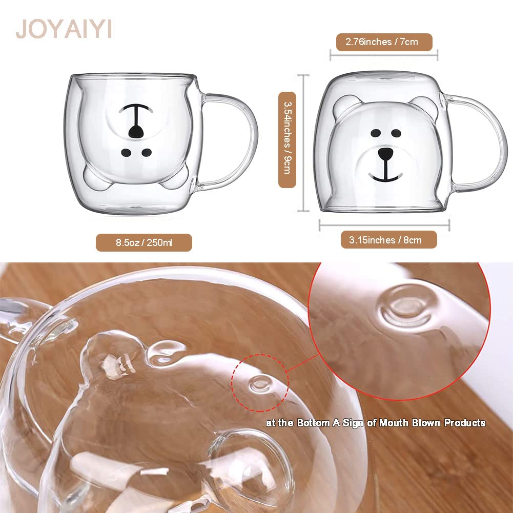 JOYAIYI Cute Bear Tea Cup Double Wall Glass Milk Coffee Bear Mug Funny Valentine's Day Birthday Gifts for You 250 ml/ 8.5 oz (white with Handle)