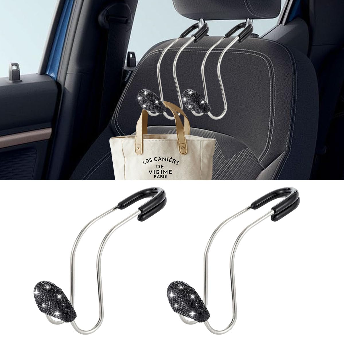 KITUREK 2PCS Car Seat Hook, Bling Rhinestone Car Headrest Hanger Hook, Stainless Steel Car Backseat Holder, Storage Universal Hanger, Car Seat