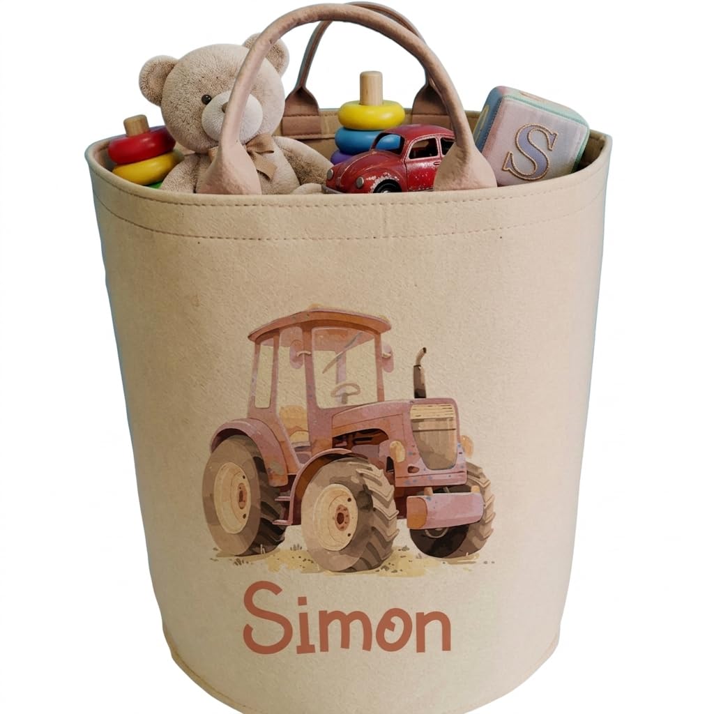Personalised Tractor Toy Storage Basket - Custom Name Felt Nursery crafted Organiser - Large Toddler Room Toy Bin for Cars, Farm design- Beige tube โ image 1
