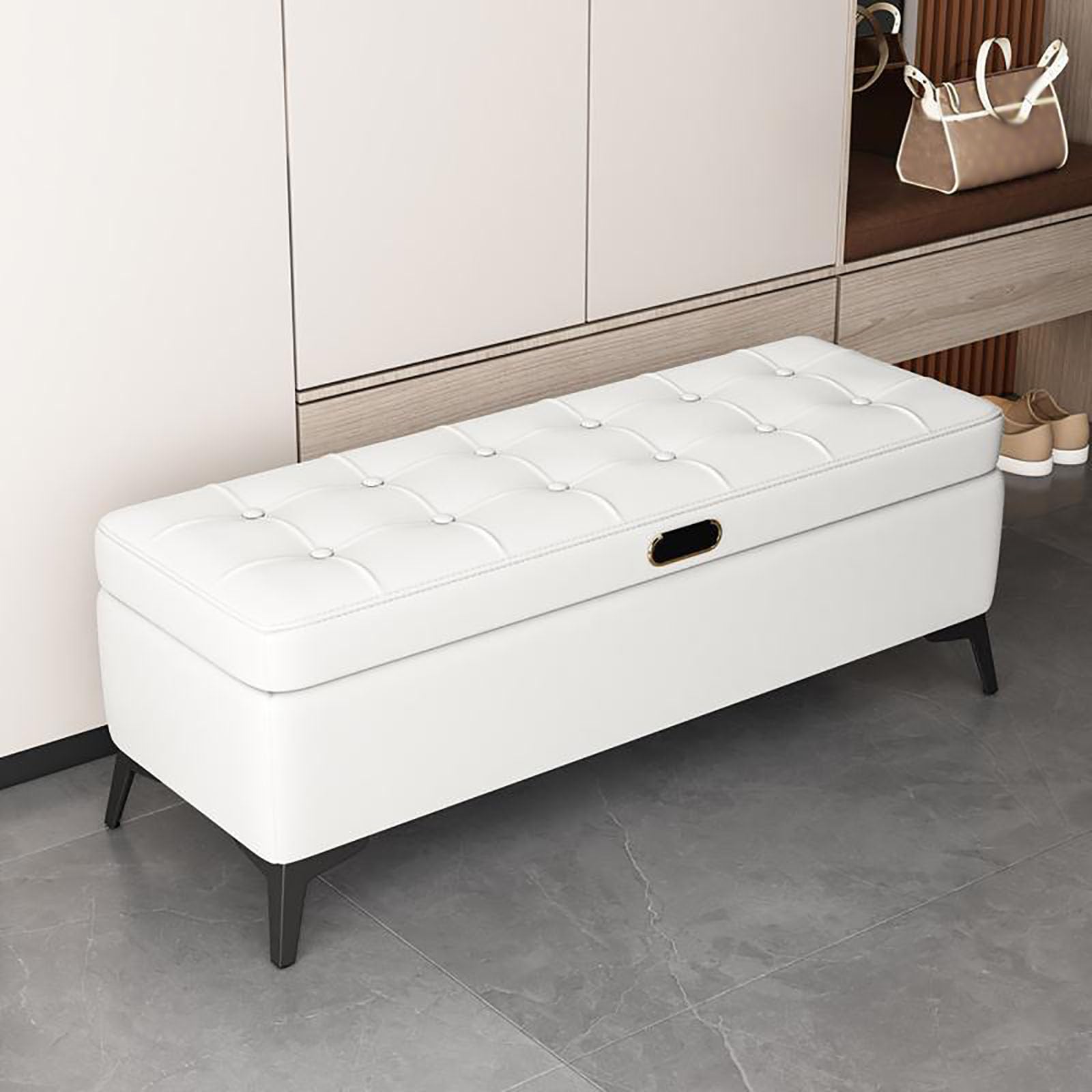 MSHGSKU Elegant Upholstered Storage Bench for Bedroom & Hallway - Modern Wood Frame Shoe Ottoman Foot Rest Synthetic Leather 130x40x40CM Stylish White Design
