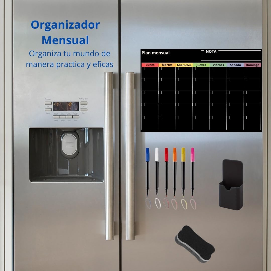Calendario Magnetico Nevera, Planificador Mensual - Pizarra Magnetica con 5 Rotuladores y borrador, Borrado facil.