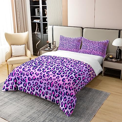 Leopard Print Cotton Duvet Cover Set Double Size Girls Pink Purple Cheetah Print Bedding Set Wild Animal Theme Comforter Cover Set for Girl Teens Bedroom Decor Bedspread Cover ( No Comforter) - Image 2