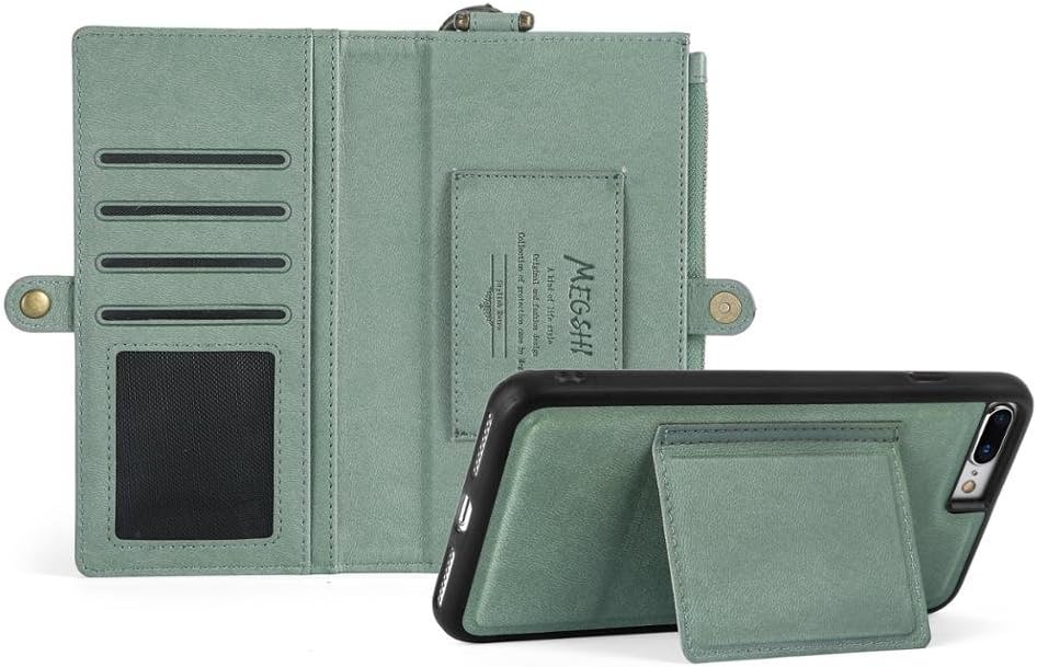 iPhone 7 Plus Wallet case, iPhone 8 Plus case, MEGSHI PU Leather Wallet Case with Kickstand and Flip Cover Detachable TPU Case Card Slot for iPhone 7 Plus/8 Plus, Mint Green