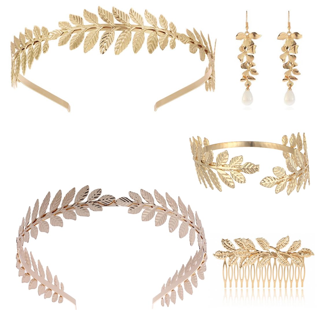MKVZIYE 5 piezas de la diosa griega bisutería para las mujeres, romano Laurel Hojas Corona Tiara Peine del Pelo Pulsera Pendientes de Oro Remolino Boda Toga Partido