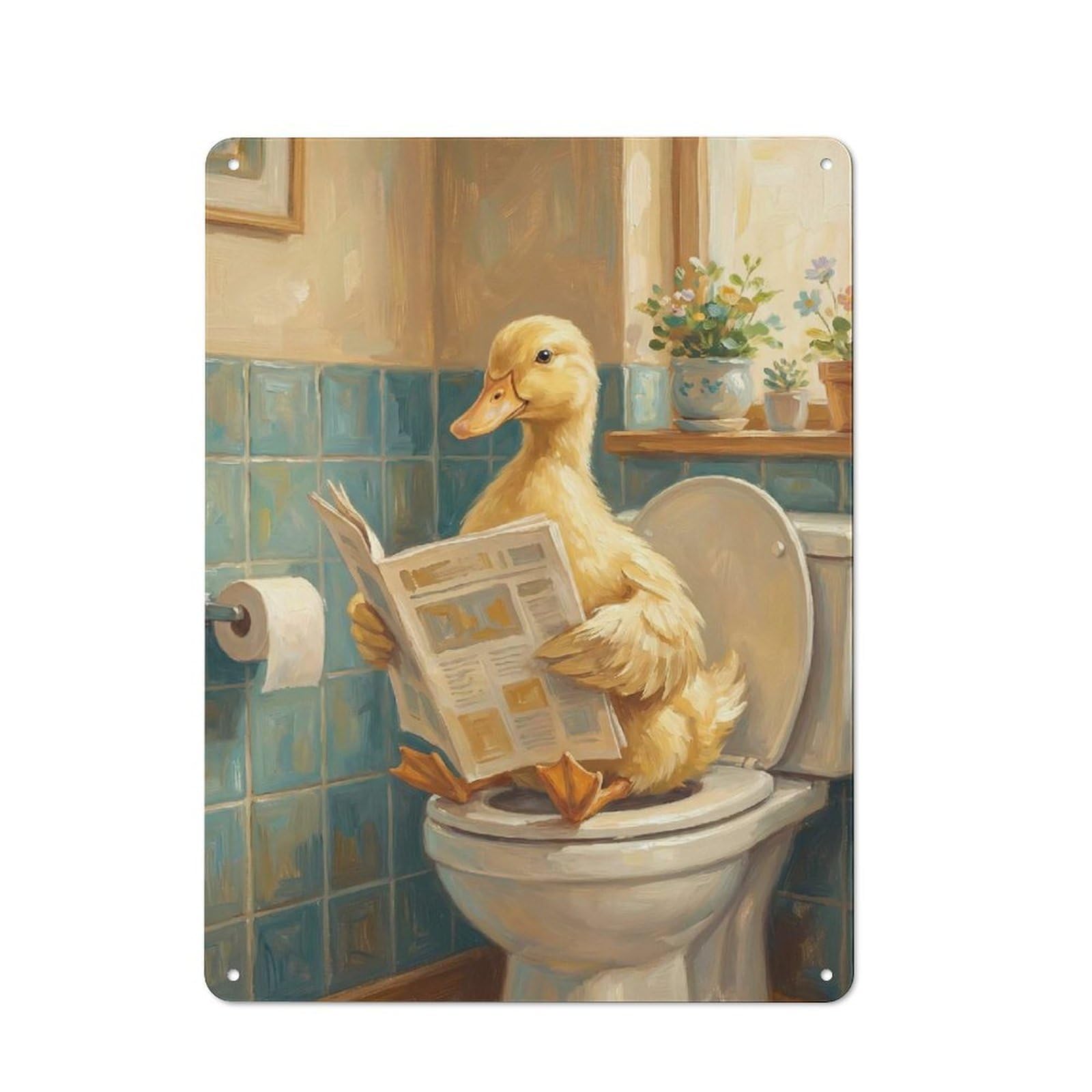 Junmoney Style-20 Kitchen Metal Sign With Duck Reading Newspaper On Toilet Design 40X30cm, Cosy Kitchen Wall Decor For Coffee Bar, Kitchen, Bistro Or Tea Corner
