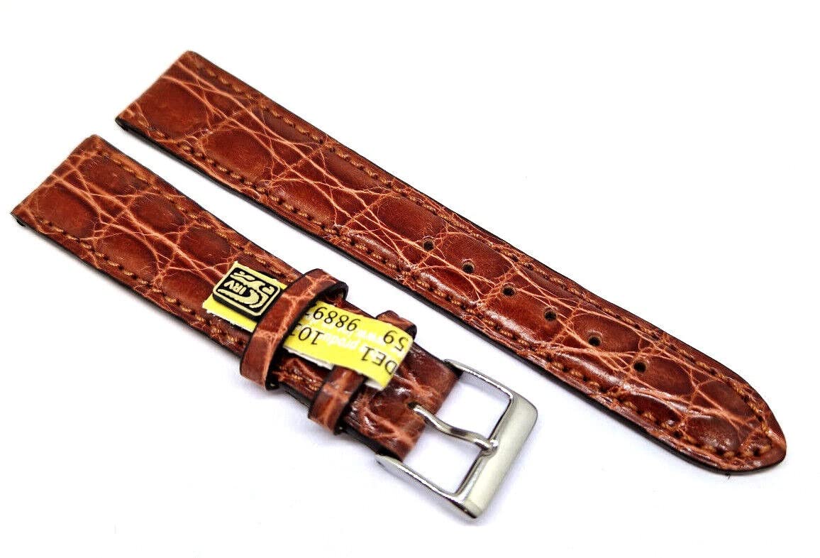 Fluco Bracelet de montre en véritable crocodile Alligator - 19 mm - Marron clair brillant - Fabricant allemand
