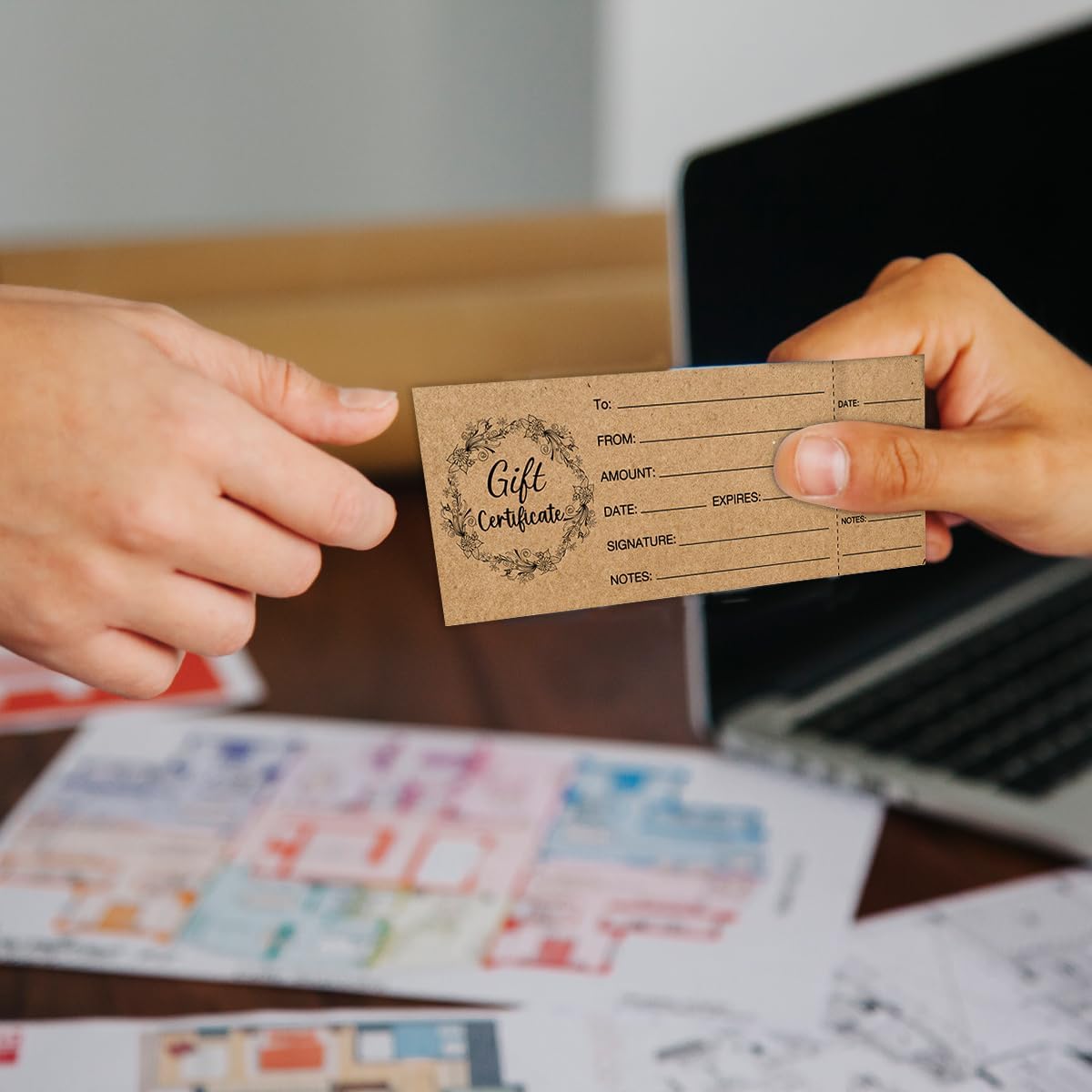 50 Sets Gift Certificates for Business, Blank Kraft Gift Cards Certificates with Envelopes, for Salon Restaurants Spa Marriage Birthday Client Vouchers - Retro Garland - Image 6