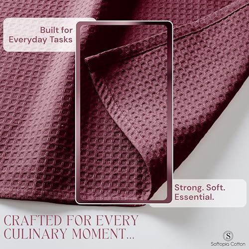 Image of Burgundy Kitchen Towels - Waffle Weave, 100% Cotton, Soft & Absorbent, Fast Dry, Durable, 16x26 Inches, Perfect for Dish Drying, Bar, Cleaning, Hand Wipe and Everyday Use, Set of 4