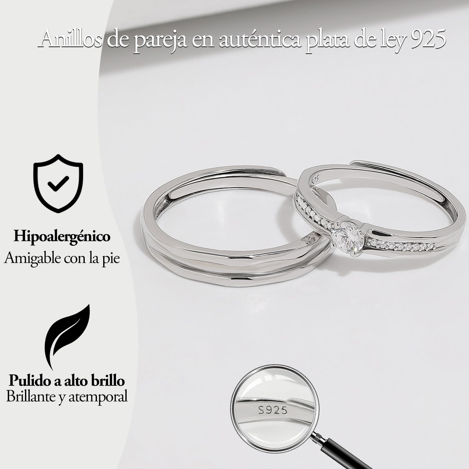 Meissa 925 Anillo Plata Boda Ancha para Hombres Anillo de Diamantes para Mujeres Emparejan Anillos de Promesa Tamaño Ajustable Anillo de Pareja Set Regalo Aniversario