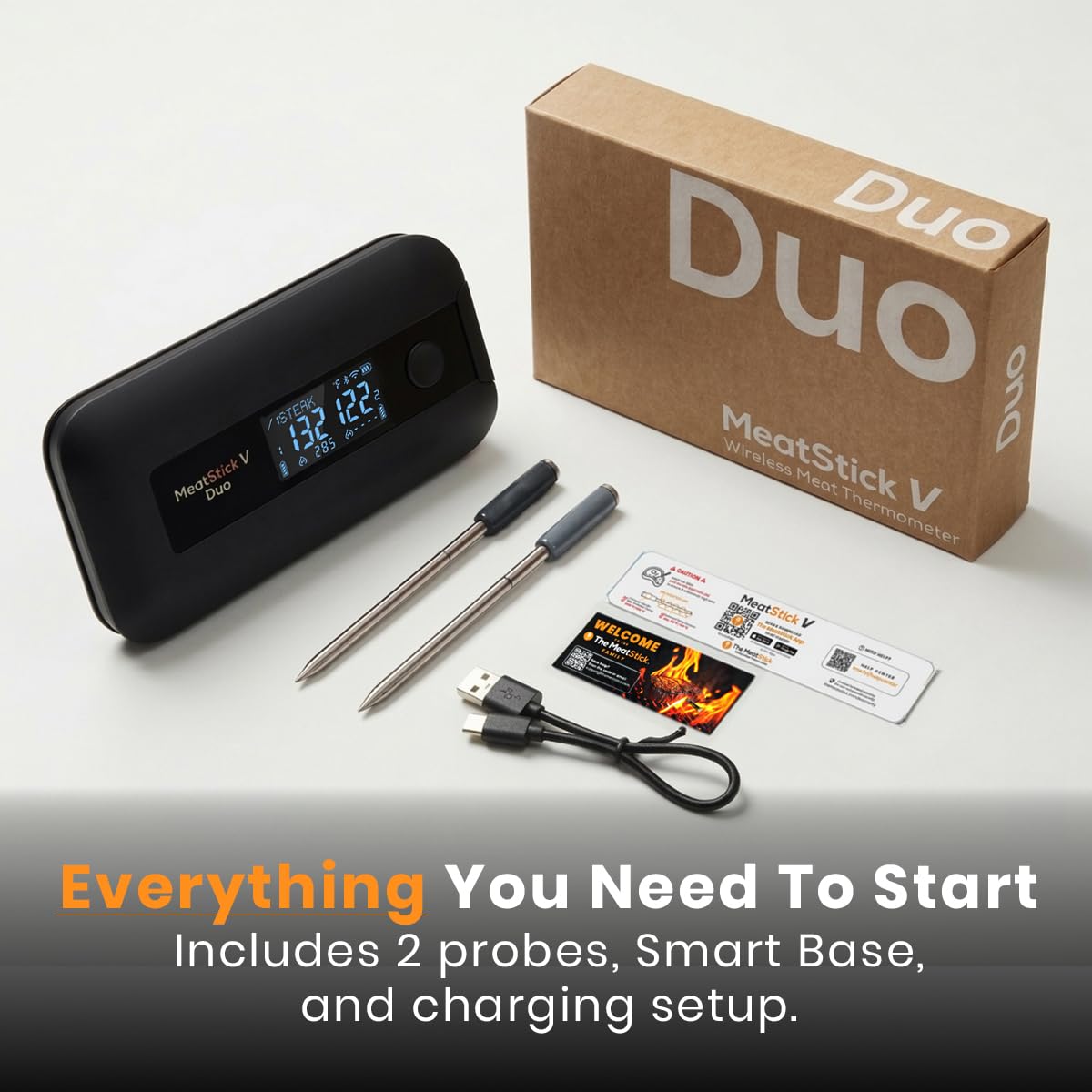 MeatStick V Duo WiFi Wireless Meat Thermometer, Dual Probe LCD Base | 11 sensors total, 1200°F rated, 50+ hr battery, dishwasher safe probes. For Grilling, Smoking, BBQ, Oven, Air Fryer