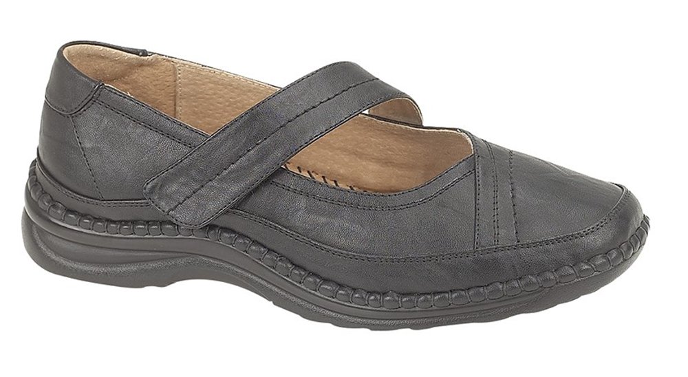 Ladies New XXX Wide Touch Fastening Bar EEE Fitting Black Leather Lined Shoes