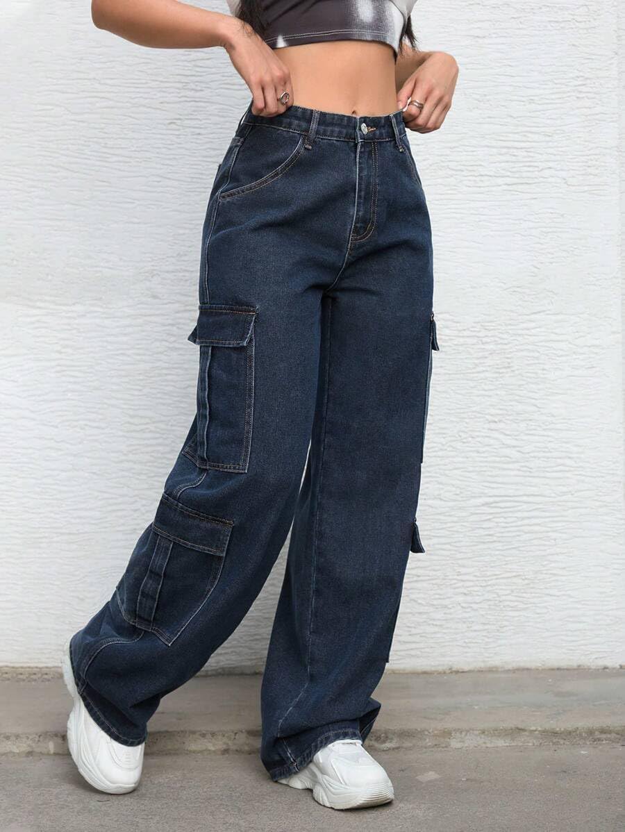 Cargo Jeans for Women Wide Leg High Waisted Stretchy Multi Pockets Baggy Denim Cargo Pants - Image 5