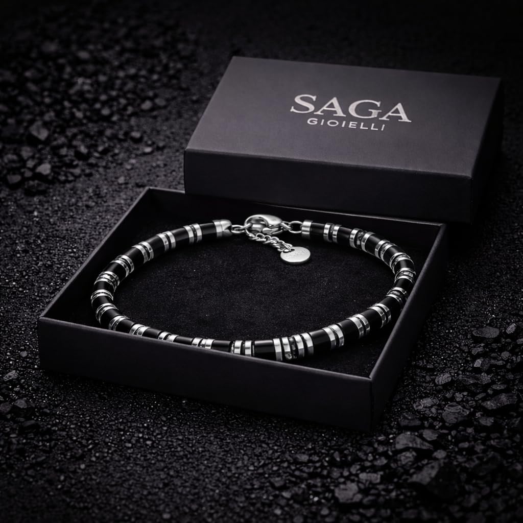 SAGA GIOIELLI® Bracciale Uomo Rondelle Pietre Dure Acciaio (ONICE E CRISTALLI)