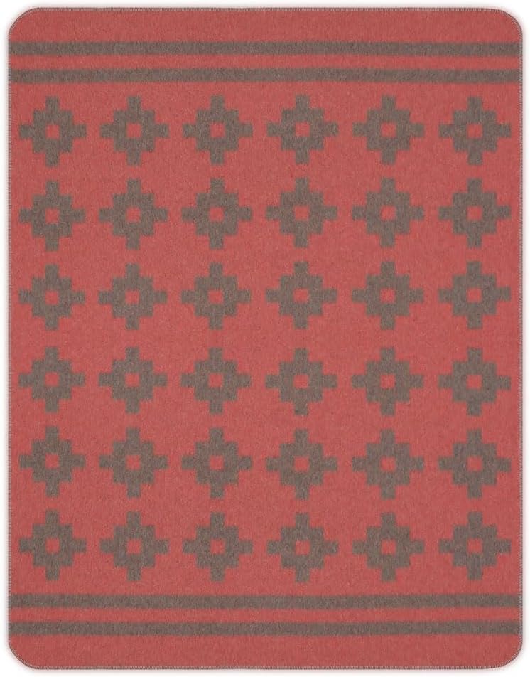 Thick Alpaca Wool Blanket Heavyweight Camping Outdoors Indoors Soft Peruvian Blankets Twin Size Chakanas Design (Grayish Brown/Coral Pink - Twin)