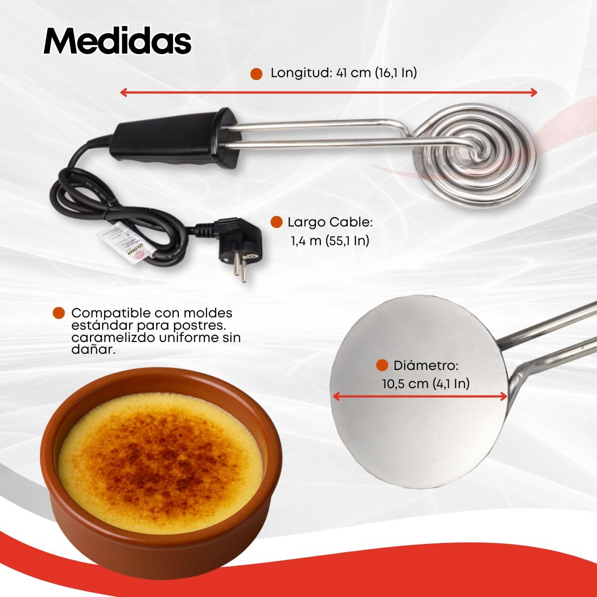 GOLDMAN SERVICE | Quemador de Azúcar Eléctrico Redondo | 900W Acero Inoxidable | Pala para Crema Catalana y Postres | Repostería Profesional sin Llama