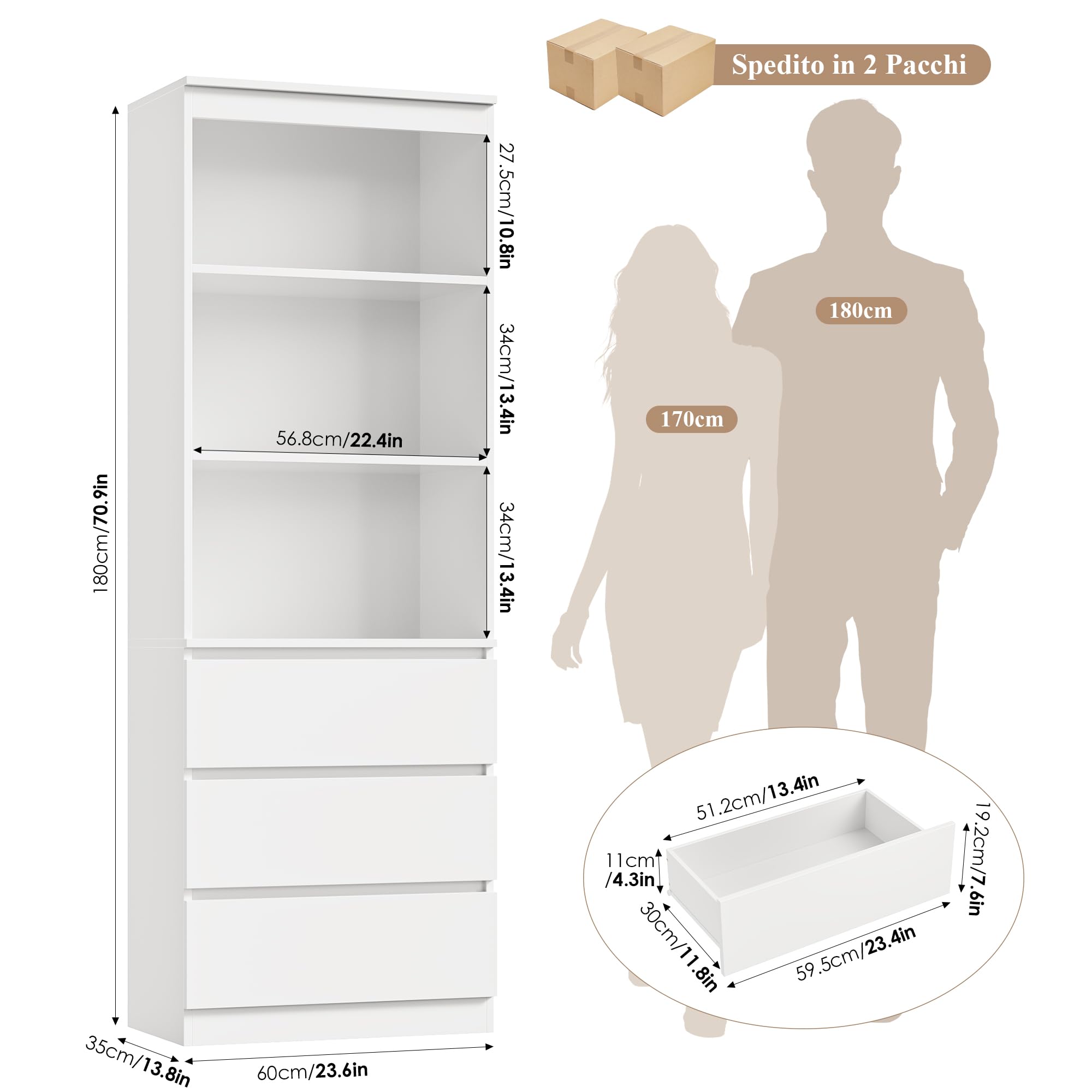 FirFurd Scaffale Libreria con 3 Scomparti Aperti e Cassetto,Scaffale per Libri,Mobiletto Armadietto Mobile in Legno,Mobile Alto Salvaspazio,per Soggiorno, Camera Letto, Studio 60x35x180cm (Bianco)