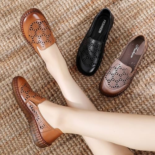 Image of Keilinia Women's Leather Loafers Slip-on Casual Shoes,Comfort Hollow Breathe Hand-Stitching Non-Slip Ox Softsole Walking Flats (5,Black Hollow)