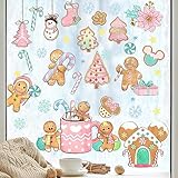 Mfault 148 PCS Merry Christmas Gingerbread Window Clings 9 Sheets, Xmas Ginger Bread Man Pink Candy Cane House Stickers Decals Decorations, Winter Snowflake Living Room Home Kitchen Decor Holiday Gift