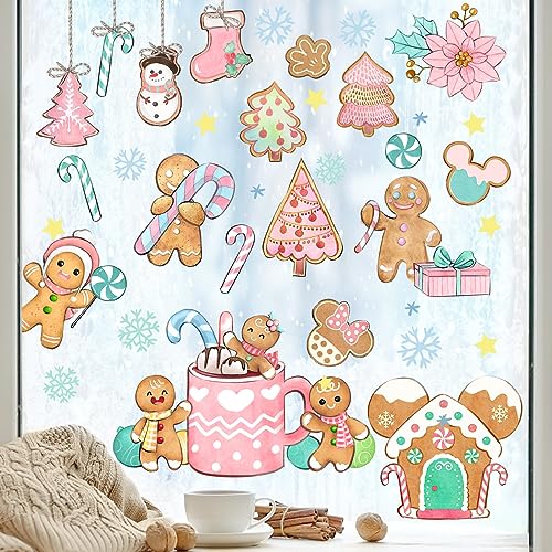 Mfault 148 PCS Merry Christmas Gingerbread Window Clings 9 Sheets Xmas Ginger Bread Man Pink Candy Cane House Stickers Decals Decorations Winter Snowflake Living Room Home Kitchen Decor Holiday Gift