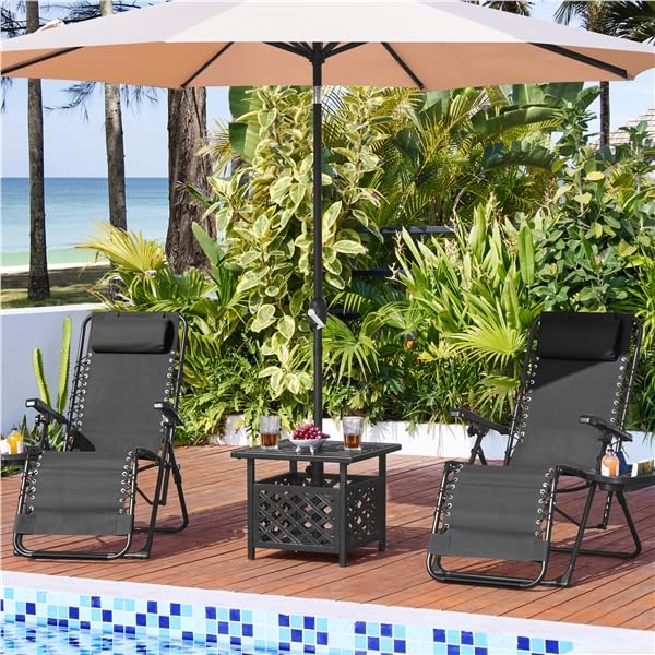 Yaheetech Chaise Longue Pliante Inclinable Bain de Soleil Lot de 2 Zéro Gravité avec Plateau Amovible pour Piscine Jardin Terrasse Charge 114kg Noir