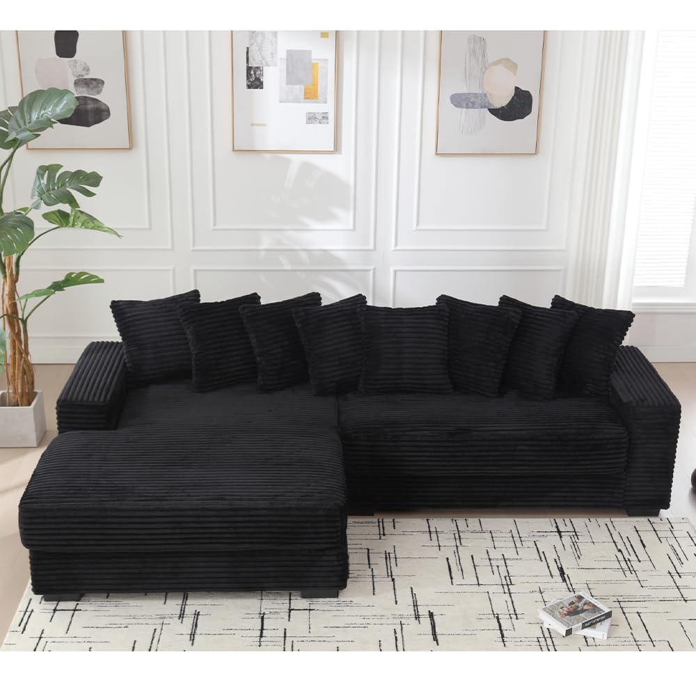 WILLIAMSPACE 111" Sectional Sofa Couch for Living Room, Modern Upholstered L-Shape Sofa 3 Seater Couch with Chaise & Pillows, Contemporary Corner Sofa for Apartment, Corduroy (Left-Facing,Black)