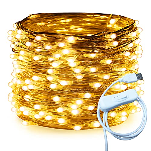 Image of RUICHEN USB Fairy Lights 66 Ft 200 LED Twinkle Lights with ON /Off Switch, Waterproof Silver Wire String Firefly Lights for Christmas Party Wedding Bedroom Table Decoration (Warm White)