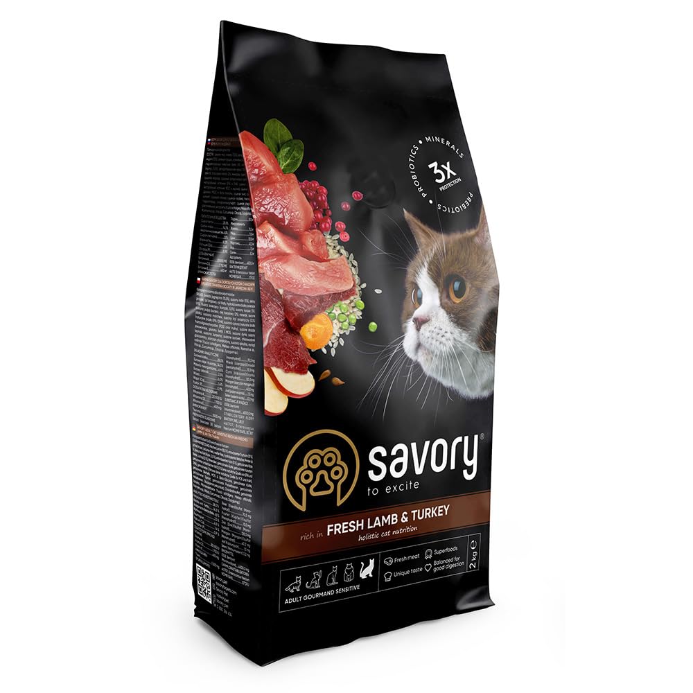 Savory - Katzenfutter Trocken - Trockenfutter für Katzen - für Erwachsene Katze empfindlich - Frisches Lamm & Pute - auf Basis von getrocknetem frischem Fleisch, mit VIT. A, D3, E - 2Pack (2x2 kg)