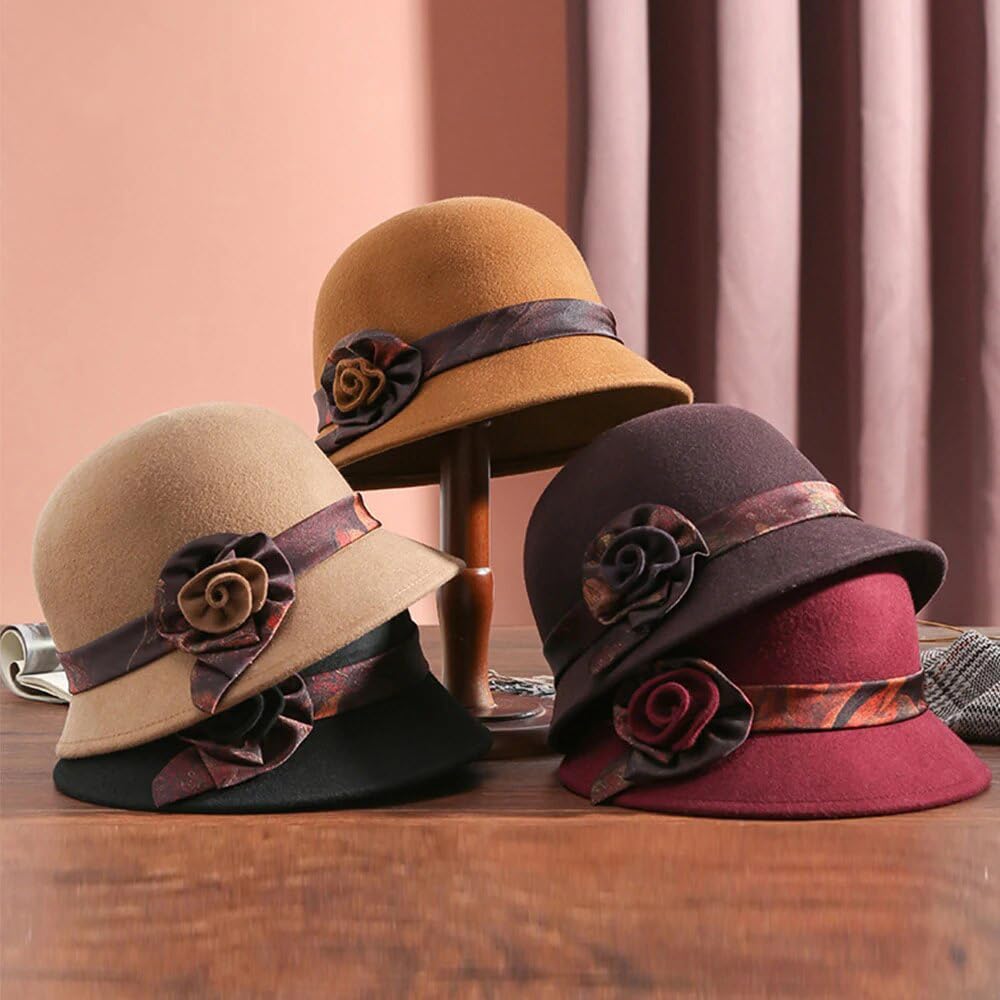 Eleganti Cappelli da Pescatore per Donna Matrimonio e Chiesa Primavera Autunno Feltro di Lana Fedora Signore Caldo Berretto Femmina (khaki95658cm M)