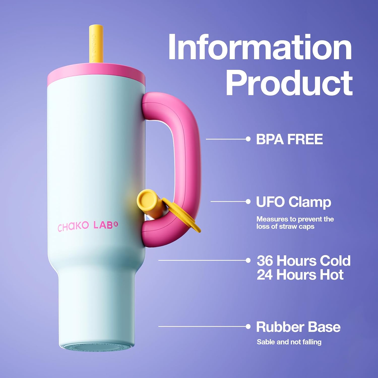 CHAKO LAB BaWang Insulated Stainless Steel Tumbler | Tumbler with Handle and Straw 33oz | Cup Holder Friendly for Travel | Leakproof Water Bottle | BPA-Free | 316 stainless steel liner| pink&blue - Image 3