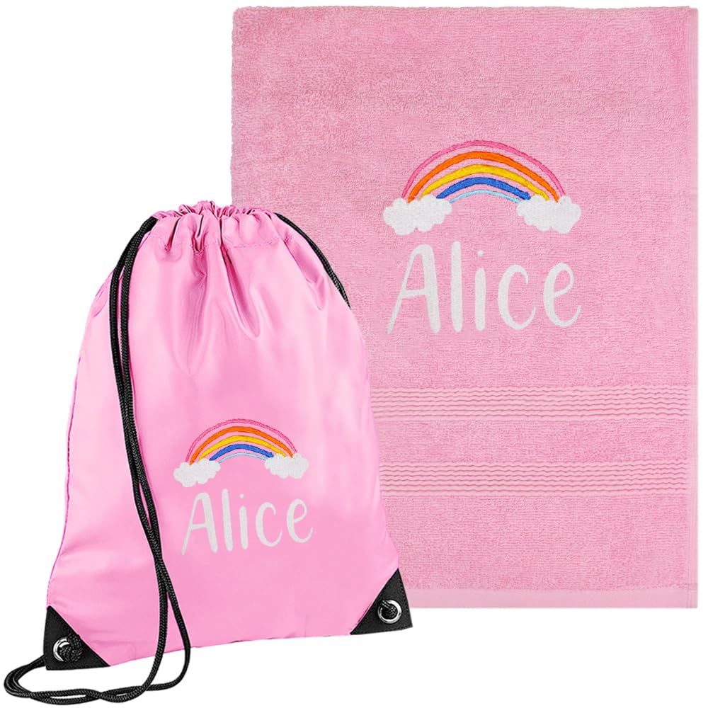 TeddyT's Personalised Rainbow Colourful Baby Pink School Swimming Towel & Gym P.E. Bag Set