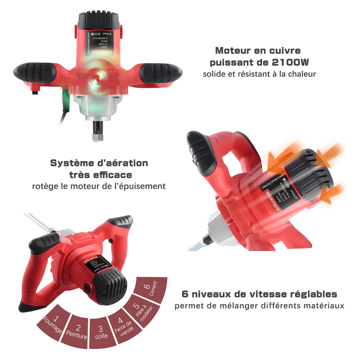 Malaxeur Mortier Colle (2100W, 0-800 r/min, avec 6 vitesses réglables, fonctionnement à verrouillage), Mélangeur de Ciment et électrique Portable Professionnel