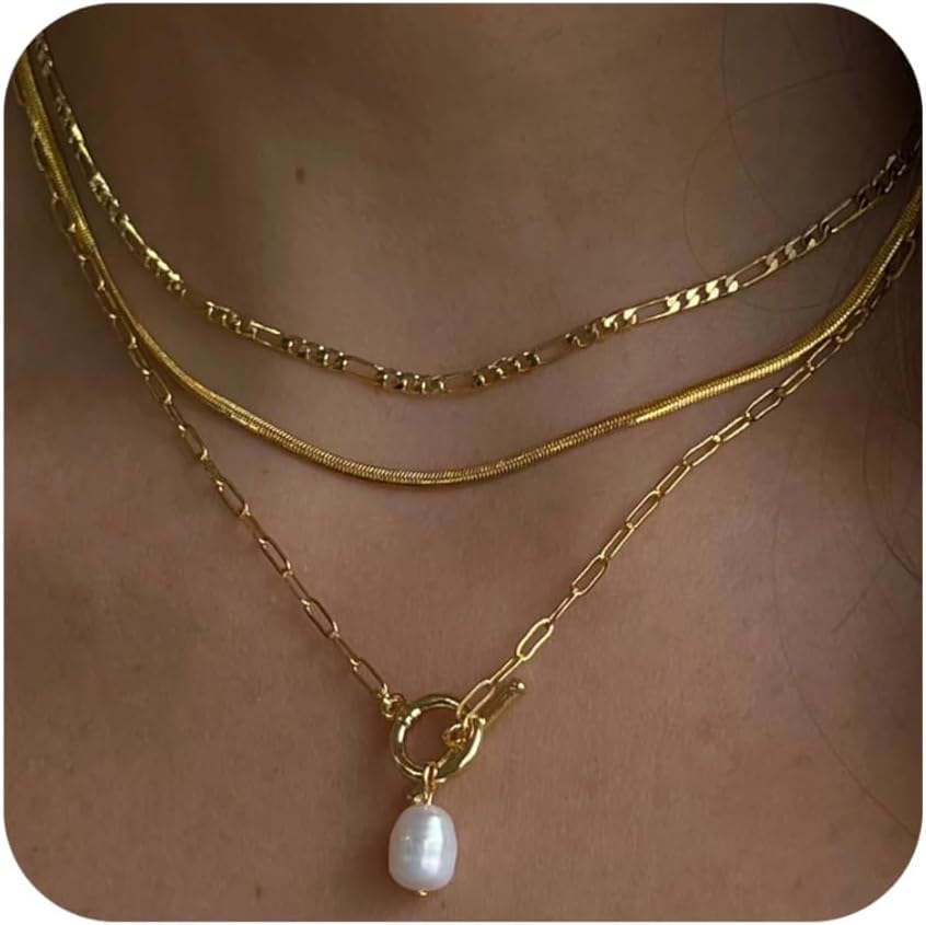 Womens Layering Chain Gold with Pearl Pendant - 14K Gold-Plated Dainty Gold Chain Stackable Choker Necklace for Women Trendy Fashion Jewellery Set Golden Necklaces Necklace Gold Jewellery Gift