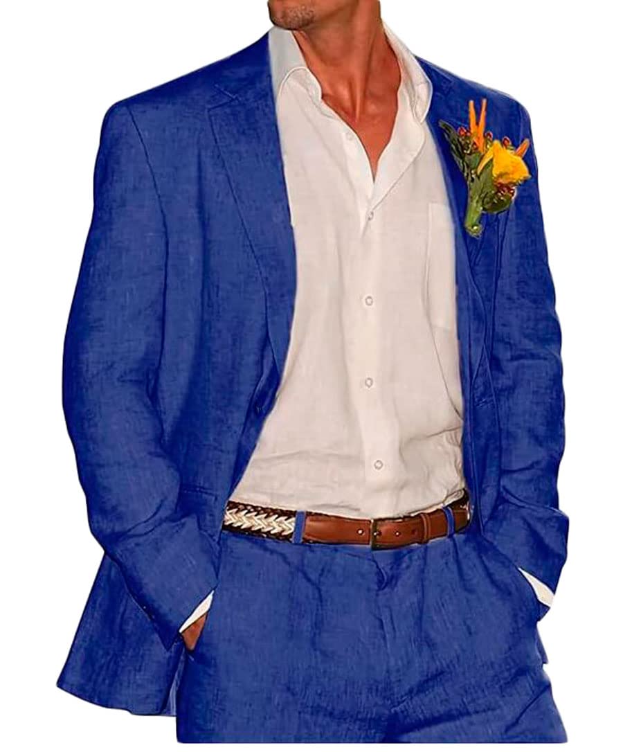 2 PC Lino Abiti da Sposa per Gli Uomini Peak Risvolto Prom Suit Regular Fit Sposo Smoking Estate Beach Suit Abbigliamento Casual, Blu reale, 54