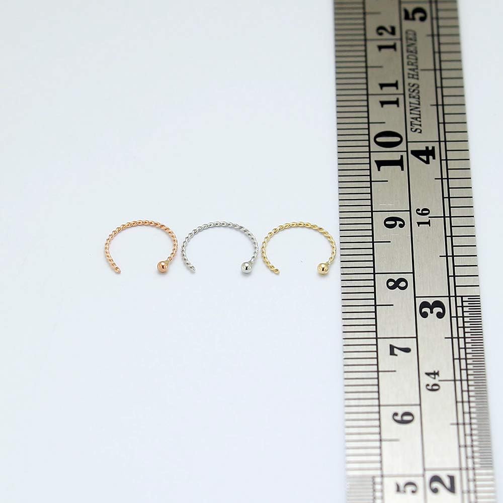 3 Piece Pack of 14ct Solid Yellow Gold,White Gold and Rose Gold 22 Gauge Twister Hoop Ball End Nose Rings