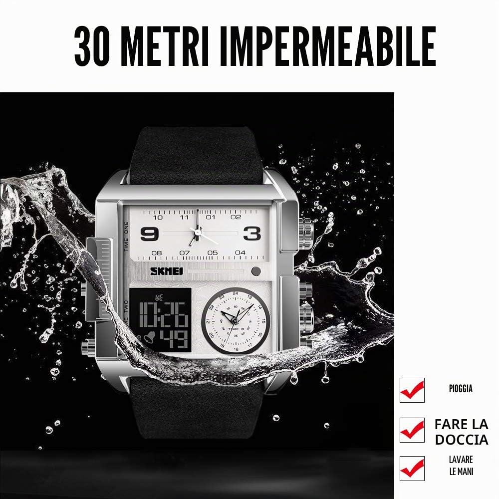 SKMEI Orologio da polso digitale sportivo da uomo, con quadrante quadrato grande, al quarzo, con cronometro impermeabile multi-fuso orario