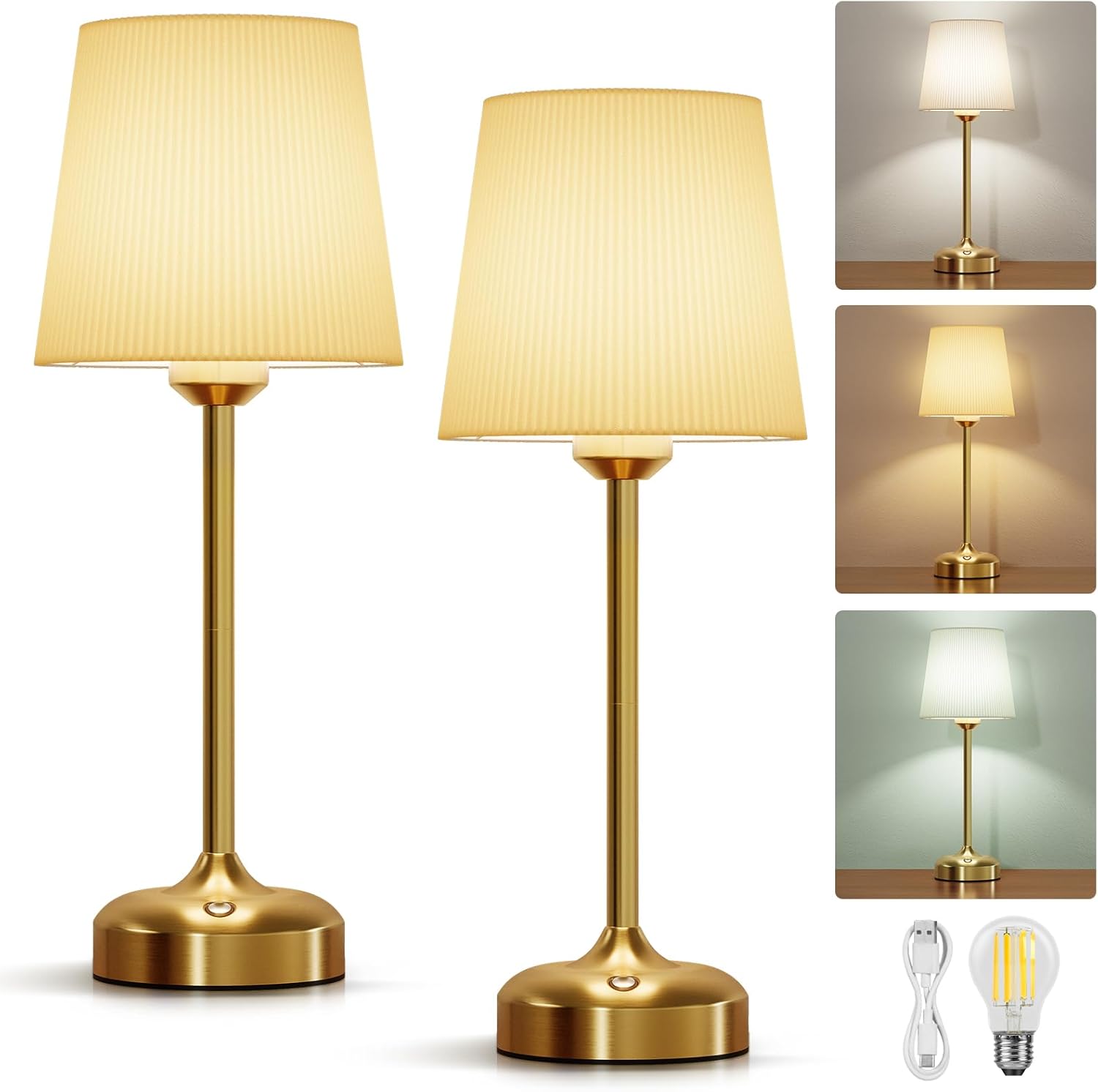 Cordless Table Lamp, Small Table Lamp 5000mAh Touch Cordless Lamp Nightstand Desk Lamp with USB Charging Pleated Fabric Shade Bedside Table Lamp for Bedroom, Dorm, Living Room,Kids Room Gold-2 pack