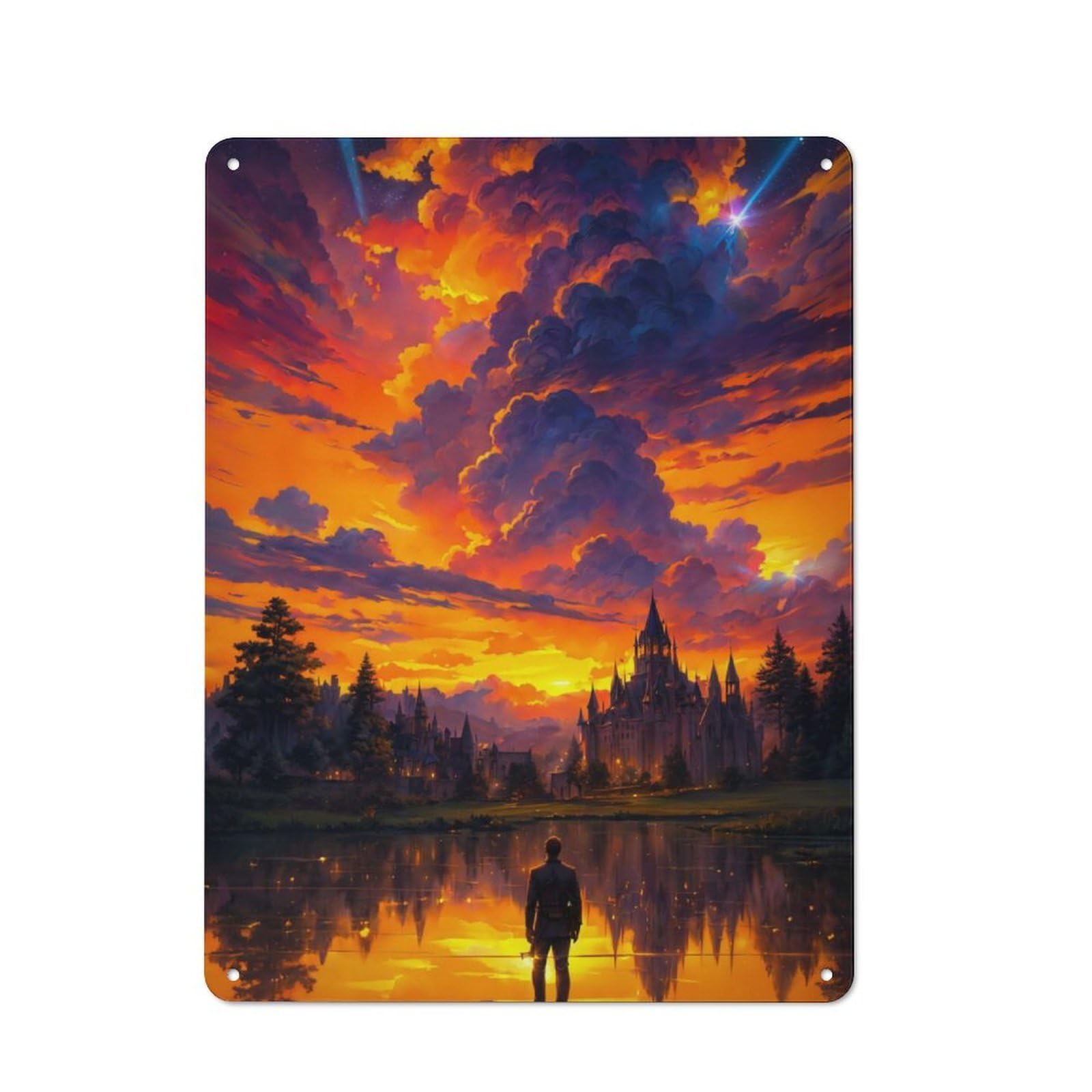 Junmoney Fantasy Sunset Castle Retro Metal Plaque 40X30cm Featuring For Garage Wall, A Winter Wall Decor Update For Workshop Decor Fans